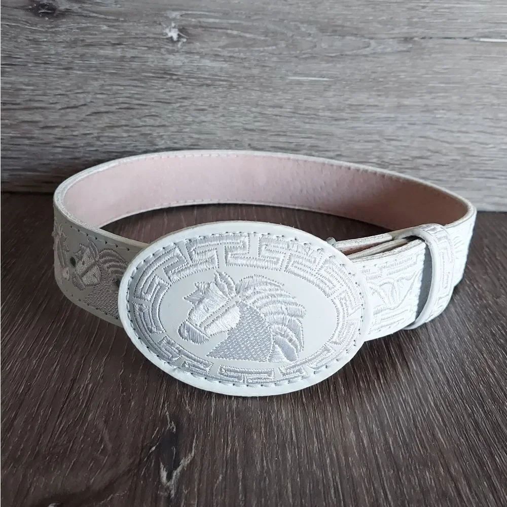 Authentic Mexican Piteado Leather Belt Handmade Horse Belt White Kids Size 20
